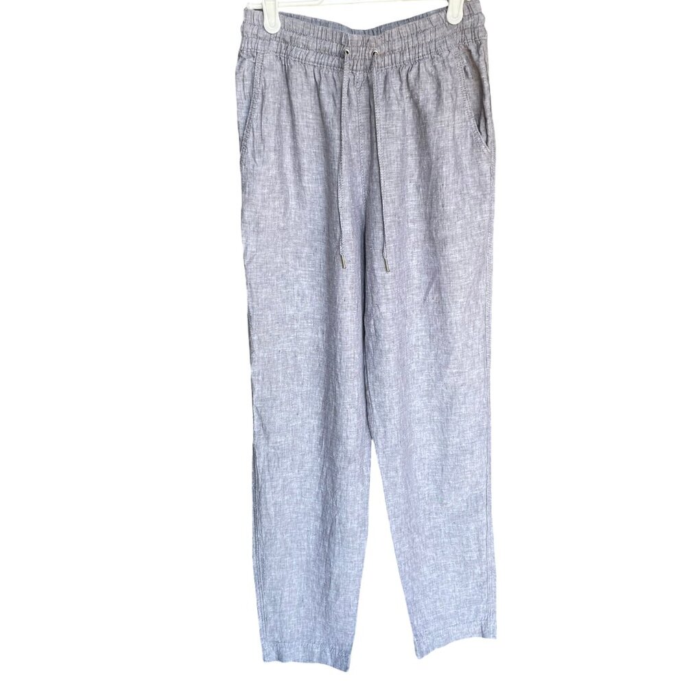 H&M 100% Linen Light Gray Pants Straight Leg High Waist Elastic Women's XS